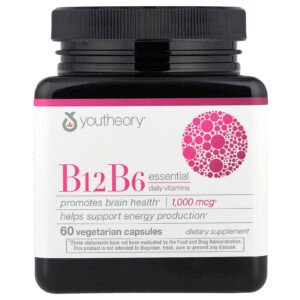 Youtheory B12B6 Essential Daily Vitamins Promotes Brain Health and Energy Support 60 vegetarian capsules